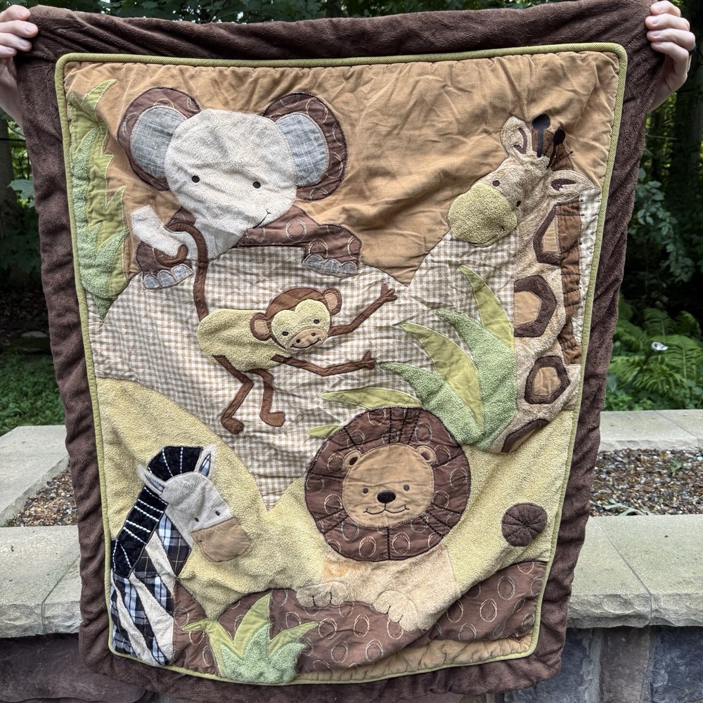 Safari Jungle Baby Crib Quilt 33x40 Elephant Giraffe Lion Monkey Zebra Applique